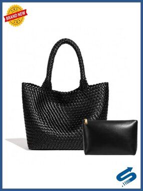 Large Woven Vegan Leather Tote Bag with Shoulder Handles, Removable Pouch